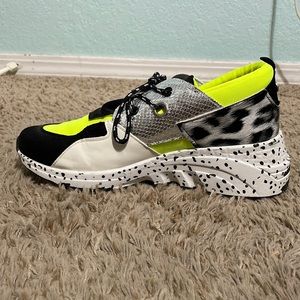 Vibrant, heeled sneakers. Neon yellow, black and white leopard print. Size 9.